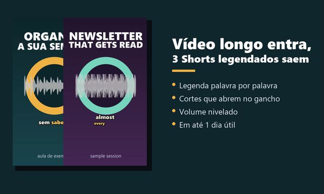 Capa da amostra de cortes: vídeo longo vira 3 Shorts legendados