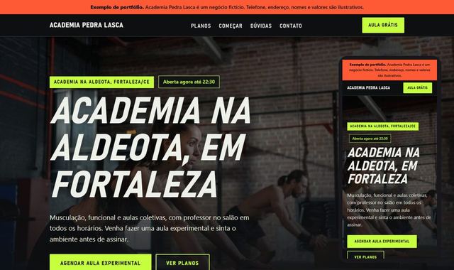 Prévia do site de exemplo de uma academia, em computador e celular