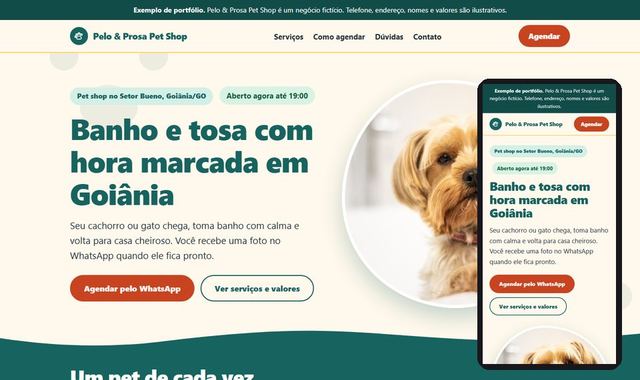 Prévia do site de exemplo de um pet shop, em computador e celular