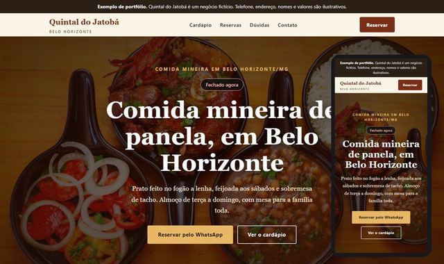 Prévia do site de exemplo de um restaurante, em computador e celular